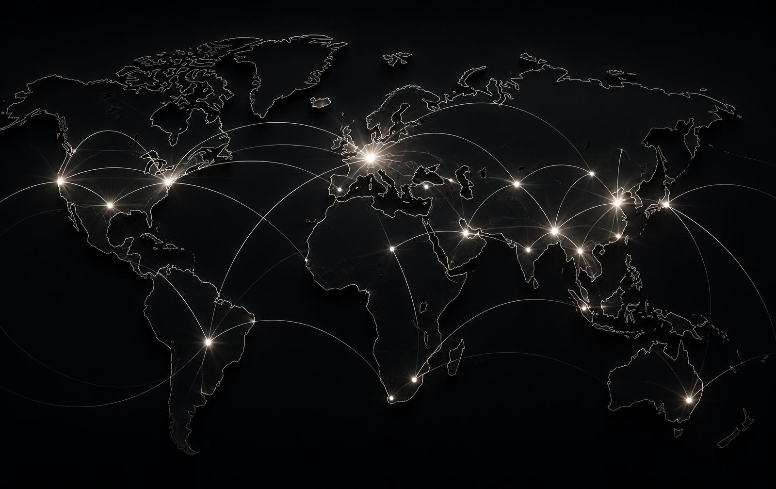 Elegante Weltkarte mit leuchtenden Verbindungslinien zwischen internationalen Hubs