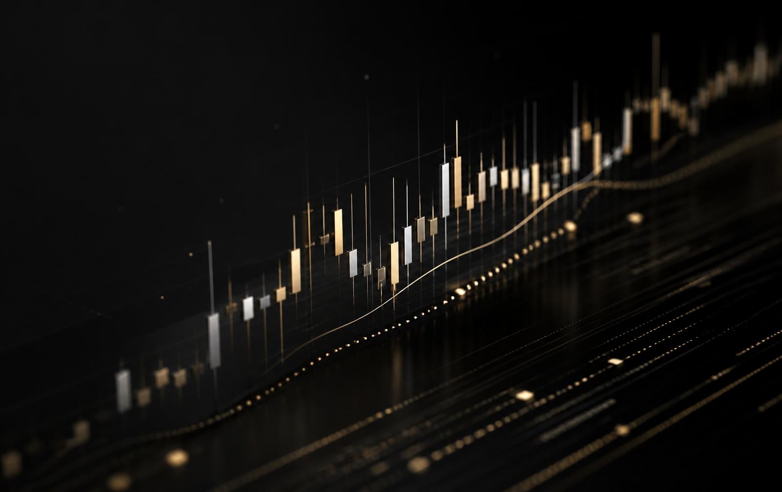 Dezente goldene und silberne Finanzcharts auf schwarzem Hintergrund